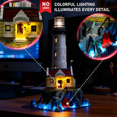 Soft white LEDs illuminate the lighthouse interior for enhanced night display.