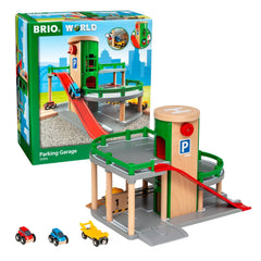 BRIO Parking Garage two-level design inviting imaginative play and seamless track integration.