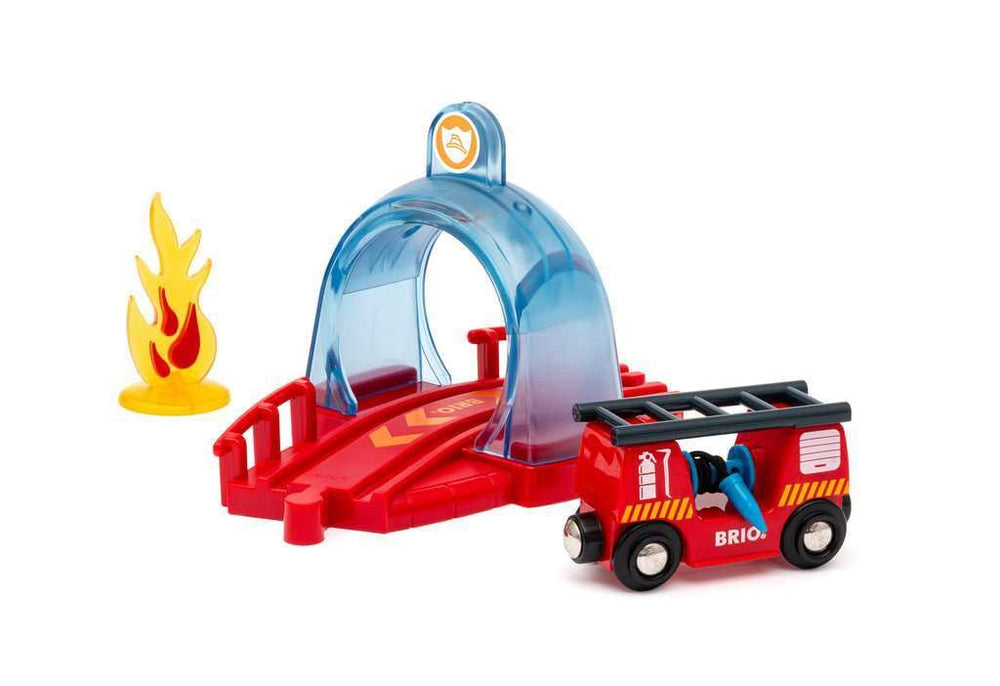 BRIO fire wagon connects to tunnel for interactive water hose play