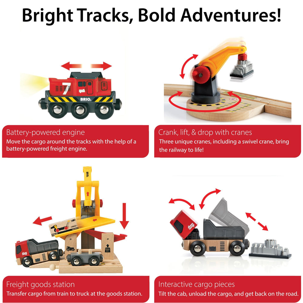 BRIO World Cargo Railway Deluxe truck and cargo illustrate cross-modal play styling.