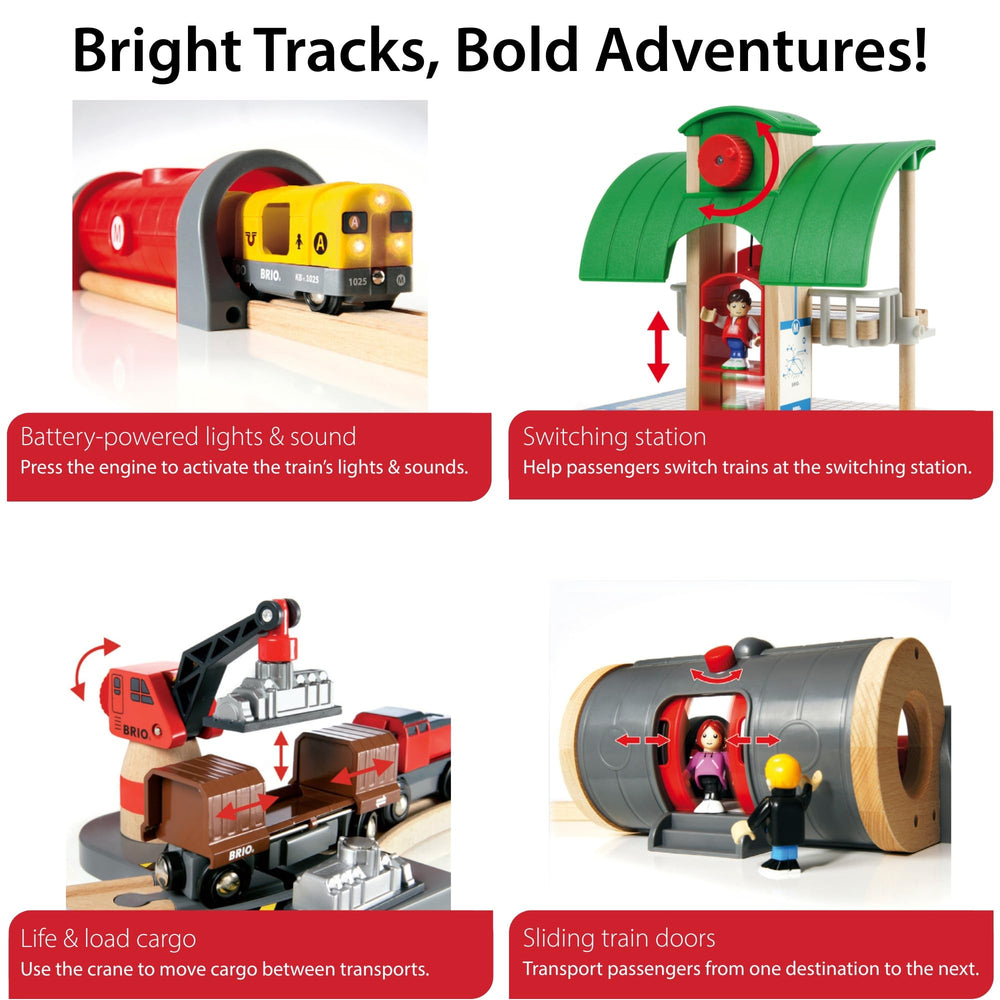 BRIO freight trains at port with cargo crate promote planning and sequencing