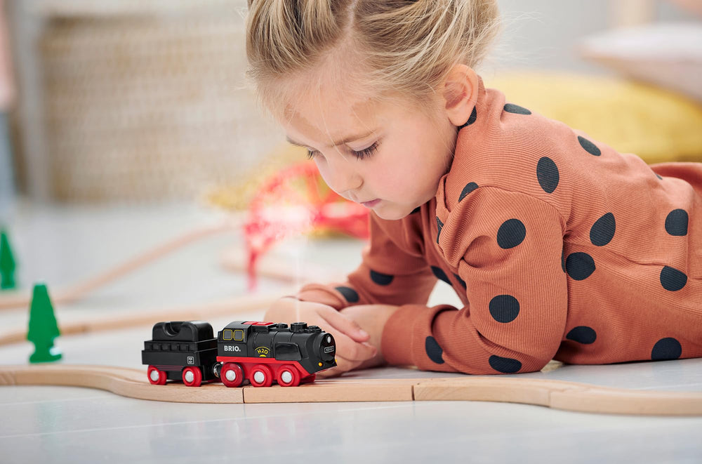 BRIO World Steaming Train cool-to-touch steam adds safe sensory details