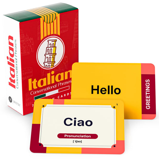 Briston Italian flash cards cover, portable language learning kit for quick travel phrases.