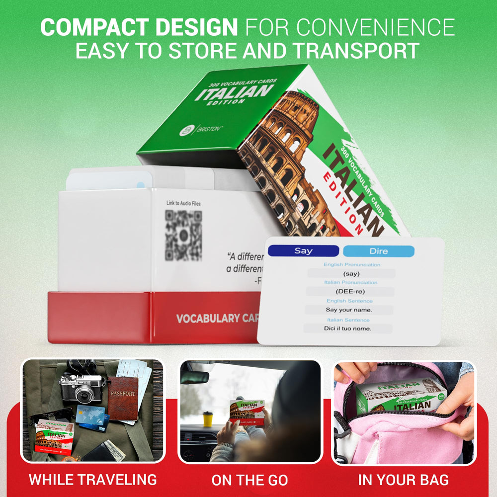 Briston Italian flash cards include pronunciation and sample sentences for context.