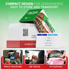 Briston Italian flash cards include pronunciation and sample sentences for context.