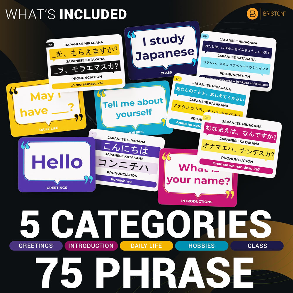 Briston Japanese phrase flash cards display Hiragana and Katakana for script recognition.