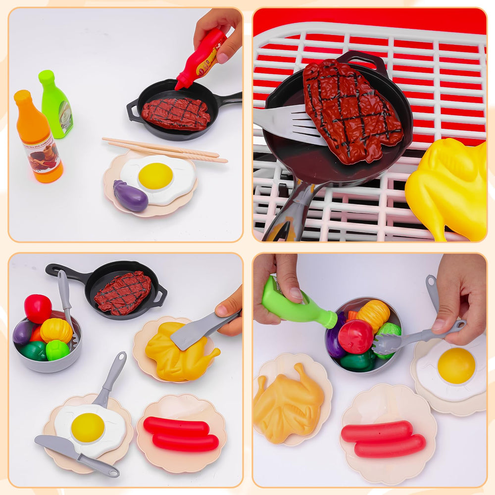 Brixlytoys tongs, plates, and sauces promote cooperative pretend meals.