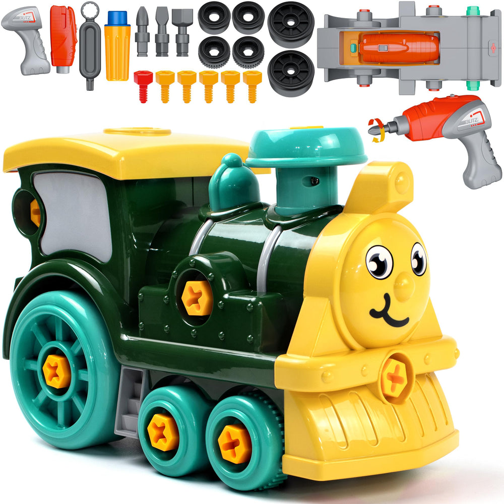 Brixlytoys toddler take apart train with drill promotes hands-on learning and fine motor skills.