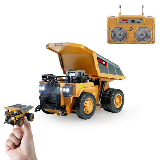 BRRRRT 1/64 RC dump truck with metal bed in action for durable play.