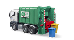Bruder rear flap open: easy emptying of small refuse bins during pretend-cleanup.