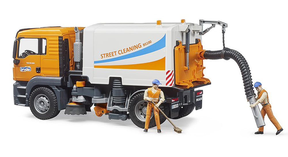 Bruder 03780 Man TGS Street Sweeper cab windows open for play access and realism.