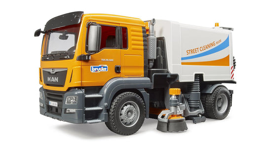 Bruder 03780 Man TGS Street Sweeper front view with adjustable brushes for precise cleaning.