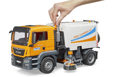 Bruder 03780 Man TGS Street Sweeper under-body long brush for continuous surface cleaning.