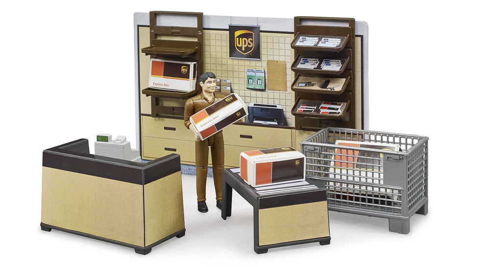 Bruder bworld UPS Store mesh box with parcels supports hands-on sorting play.