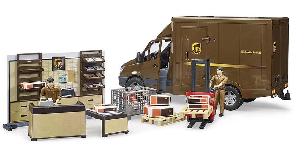Bruder bworld UPS Store wall rack and shelf add realistic storage and display options.