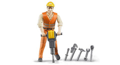 Bruder construction worker with accessories front view ready for imaginative building play.