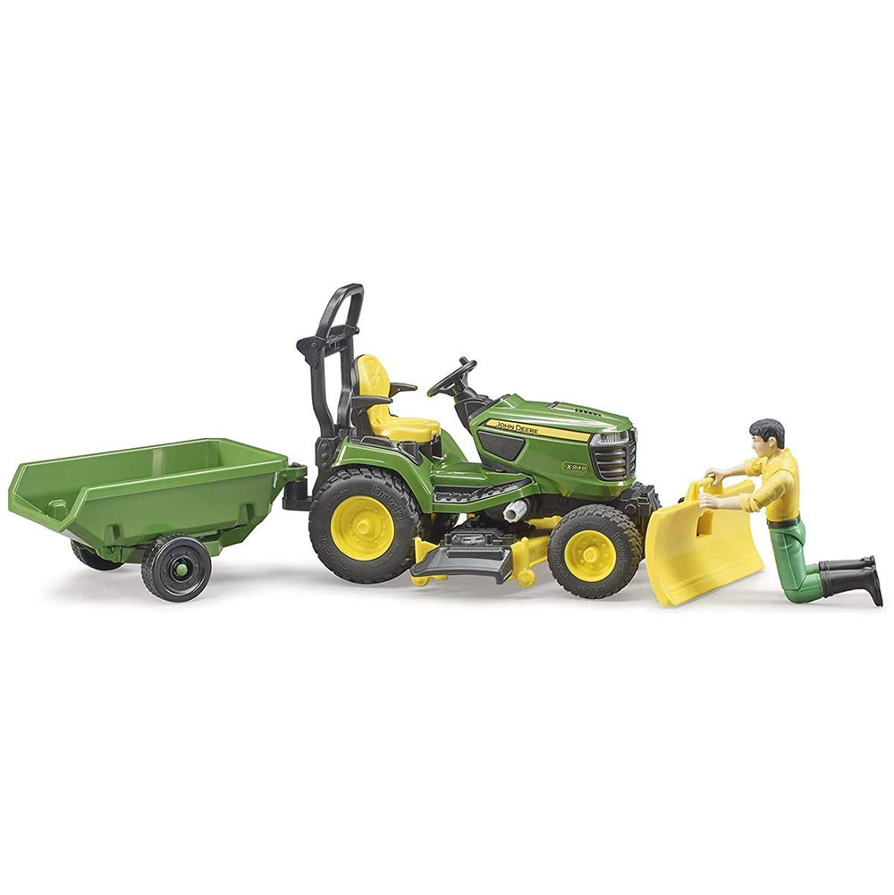 Bruder John Deere lawn tractor mower unit demonstrates adjustable height for realism.
