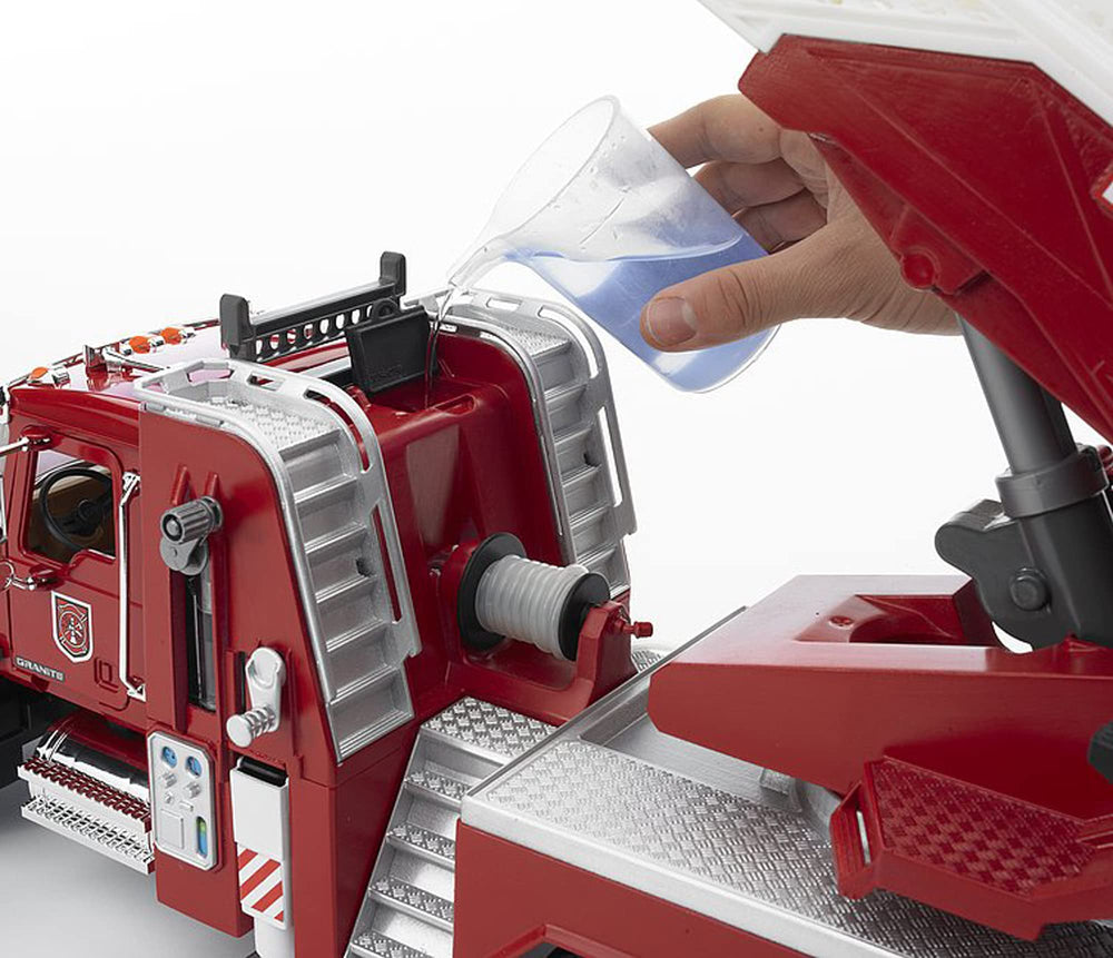 Bruder Mack Granite fire engine opening hood reveals chrome accents