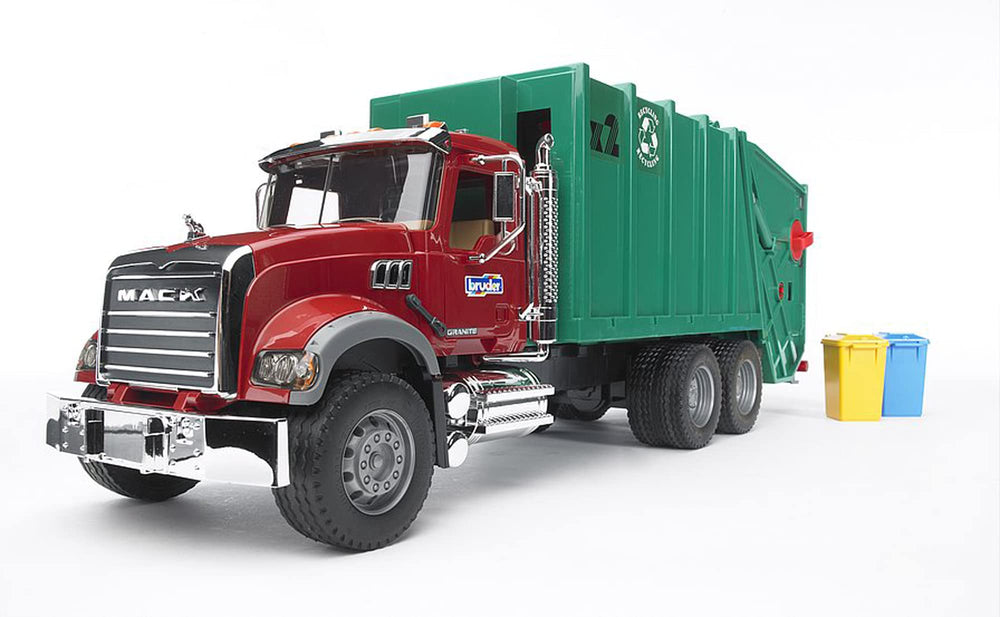 Bruder Mack Granite garbage truck with opening doors for realistic recycling play.