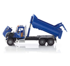 Bruder Mack Granite Halfpipe Truck with open engine bonnet reveals accessible engine area for curious hands.