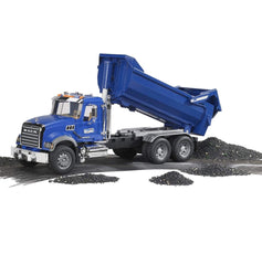 Bruder Mack Granite Halfpipe Truck tailgate lock illustrates adjustable unloading positions for varied play.