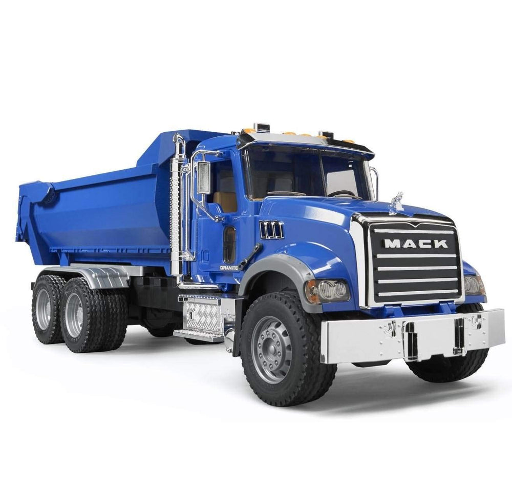 Bruder Mack Granite Halfpipe Truck tilting trough demonstrates easy loading and unloading during play scenes.