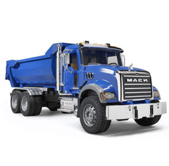 Bruder Mack Granite Halfpipe Truck tilting trough demonstrates easy loading and unloading during play scenes.