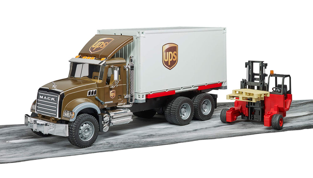 Bruder Mack Granite UPS truck with openable hood adds interactive detail.