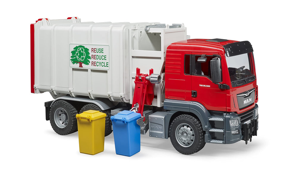Bruder Man TGS cab details with transparent windows and foldable mirrors for realistic play.