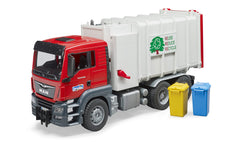 Bruder Man TGS side lifter arm shows authentic bin pickup for pretend service.
