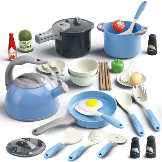 Bruvoalon 32-piece kitchen set with teal cookware, boosting imaginative play.