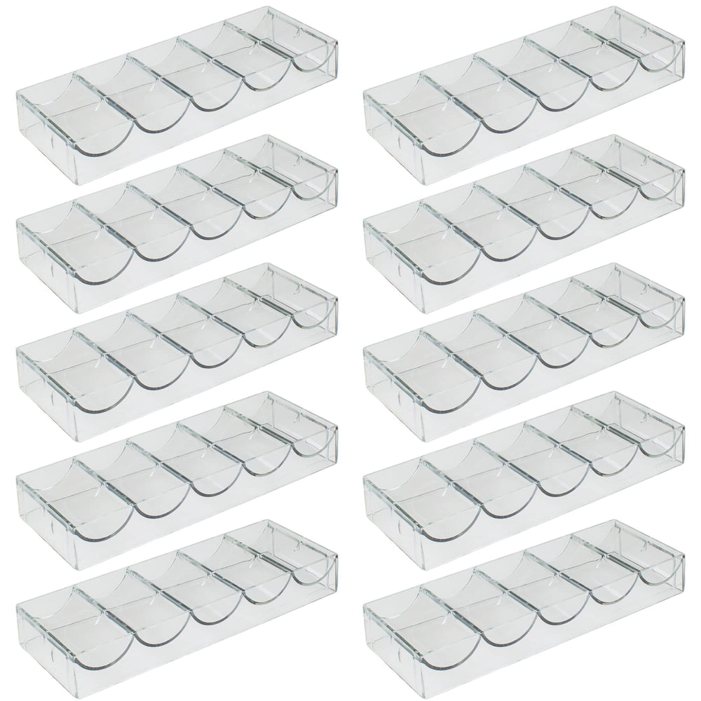 Brybelly clear acrylic poker chip tray showing 100-chip capacity for standard chips