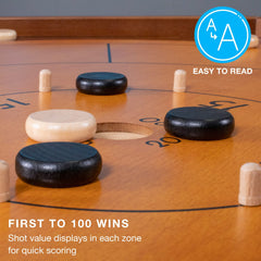 Close-up of Brybelly crokinole board wood finish for smooth play.