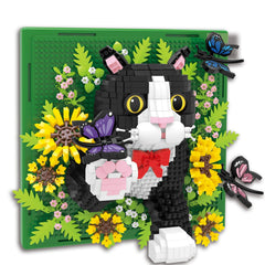 BseSparklion Flowers Tuxedo Cat wall art assembled on the wall with vibrant blocks.