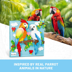 Table-ready parrot art on a stand, enhances a desk or shelf.