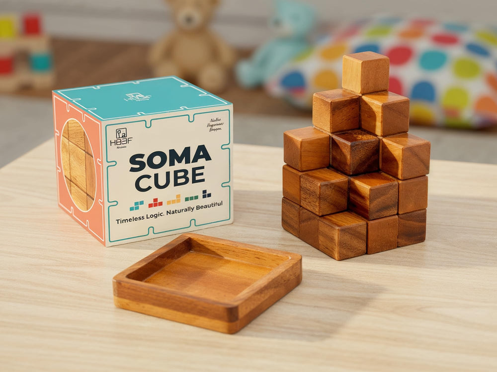 BSIRI Soma Puzzle Cube mid-assembly, highlights tactile blocks and grip.