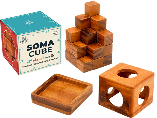 BSIRI Soma Puzzle Cube on wood, top view, boosts focus during quick problem solving.