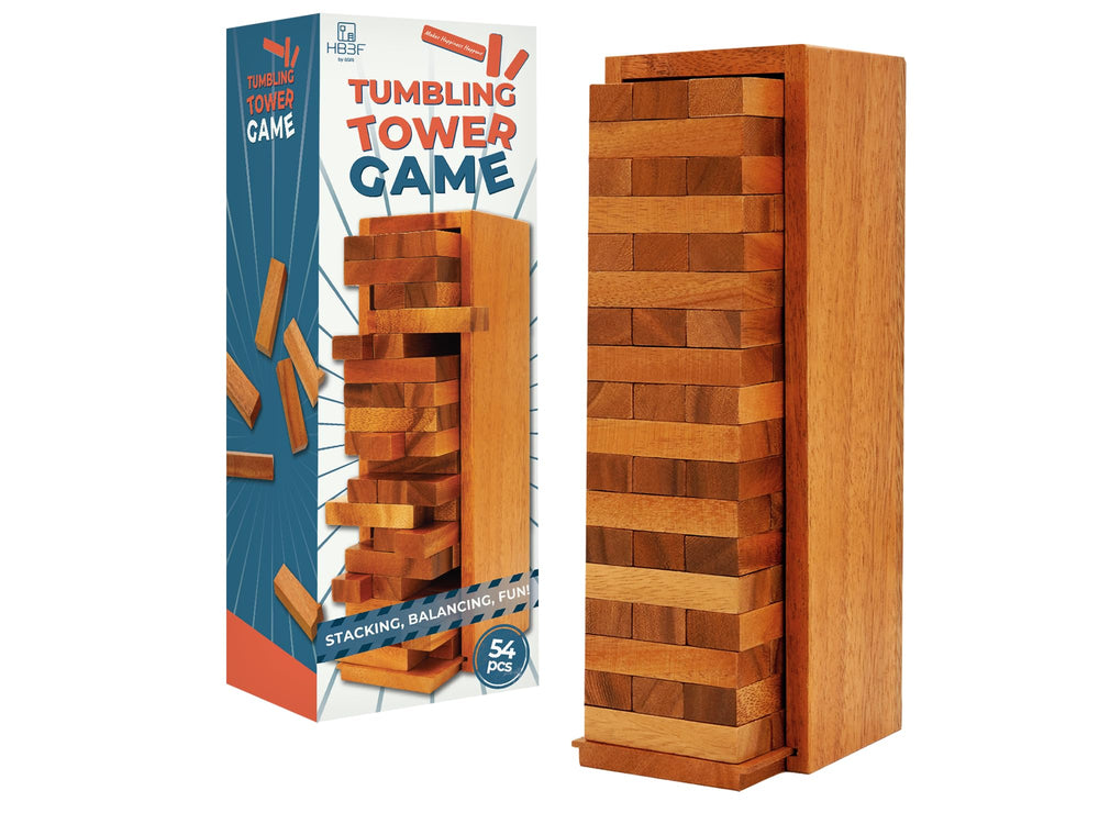 BSIRI tumbling tower side view shows durable wooden blocks for family play