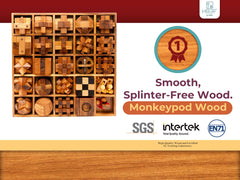 BSIRI wooden brain teaser collection showing interlocking 3D puzzles