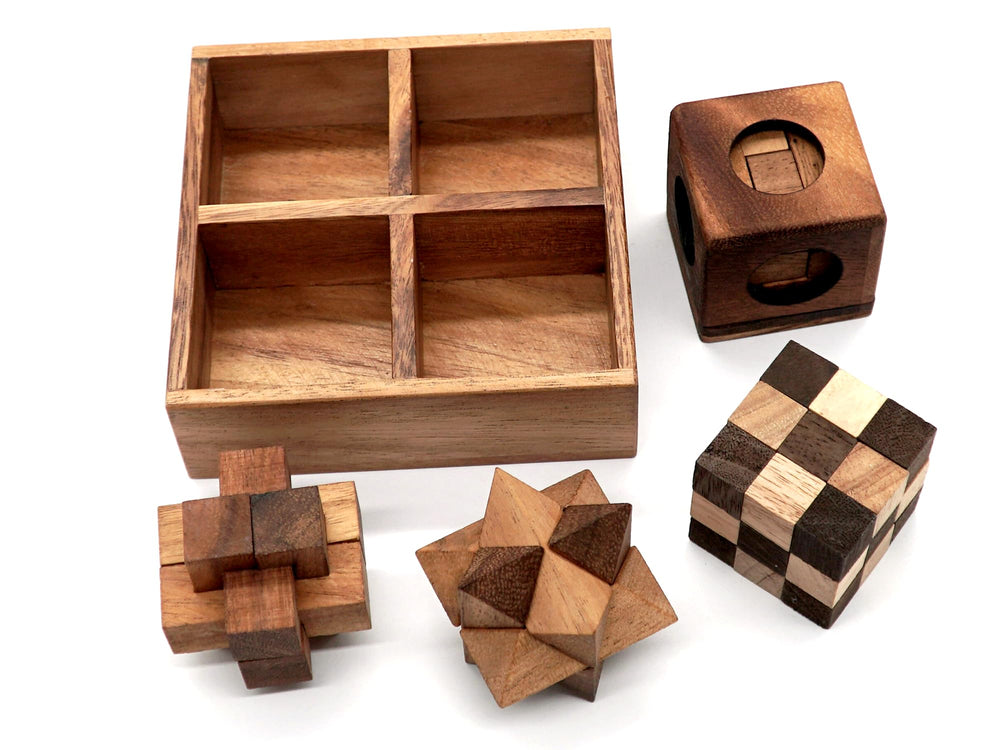 BSIRI wooden puzzle box set close-up interlocking pieces for mental challenge.