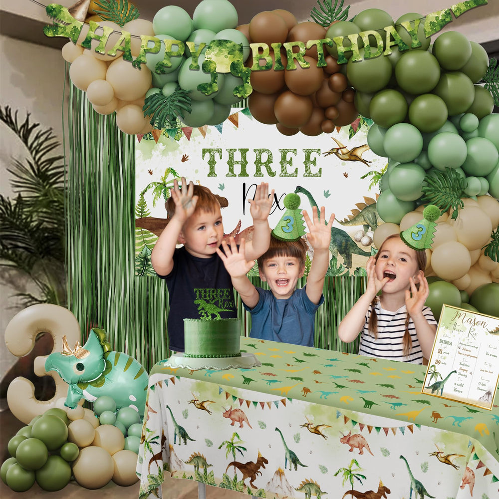 BSMIEFUS Dinosaur foil balloon adds a shiny accent to the arch and cake.