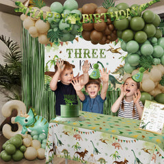 BSMIEFUS Dinosaur foil balloon adds a shiny accent to the arch and cake.