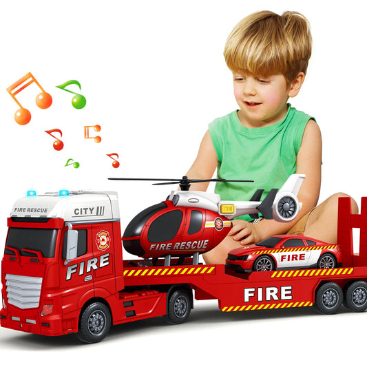 Bstoyder 25-inch fire truck with helicopter and racing car for imaginative play