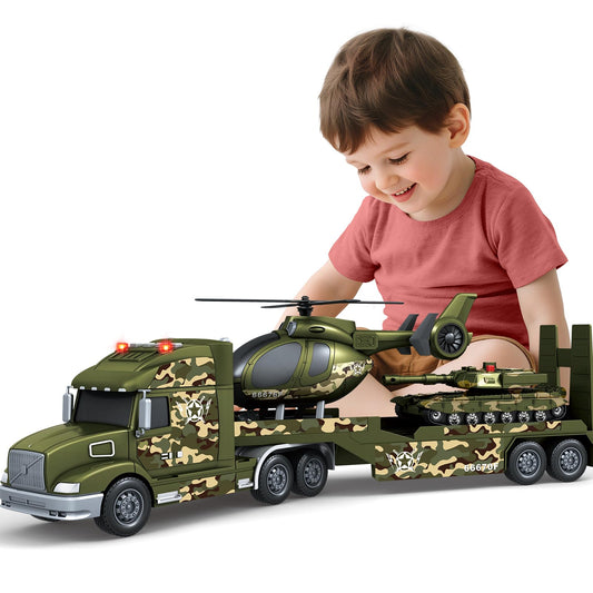 Bstoyder 27-inch army truck with helicopter highlights immersive play and imaginative rescue games.