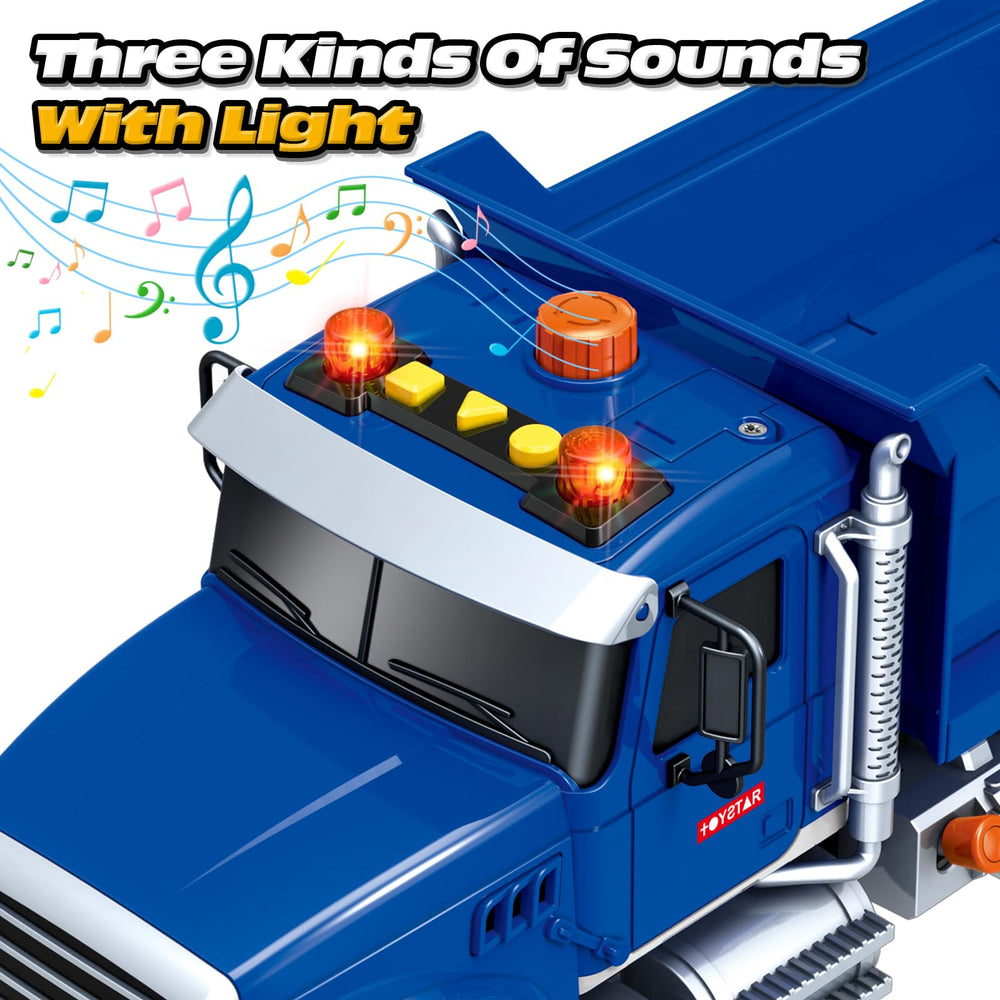 Bstoyder blue dump truck toy shows BPA-free plastic and rounded edges for safe toddler play.