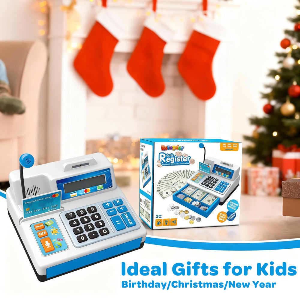 Bstoyder child playing cash register, a safe colorful learning toy.