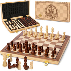 Bstoyder magnetic wooden chess board opened for on-the-go play.