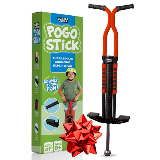 Bubble Jump pogo stick red front view shows ergonomic grip for confident jumping.