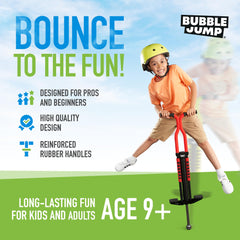 Bubble Jump pogo stick red side view demonstrates balanced stance for steady bounces.