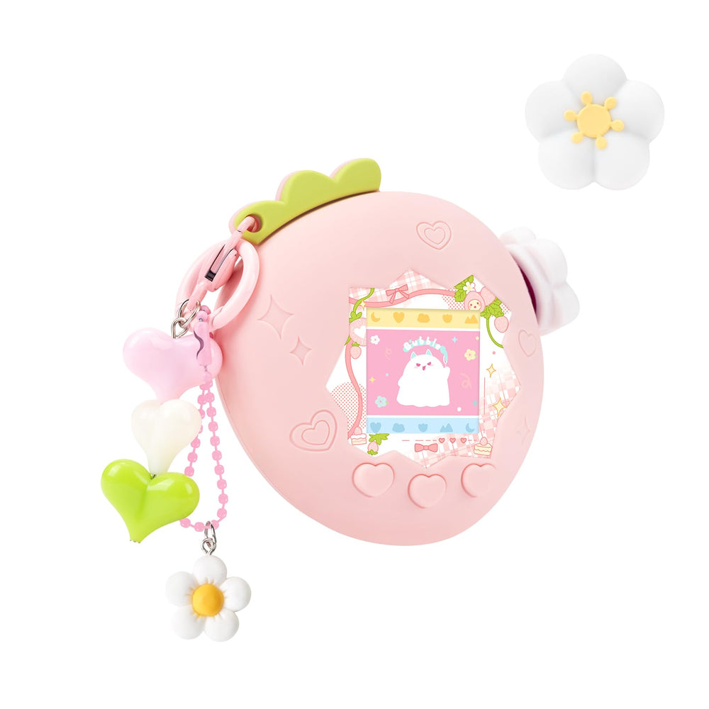 Bubblelogus Tamagotchi Paradise strawberry case front view showing protective pink silicone.